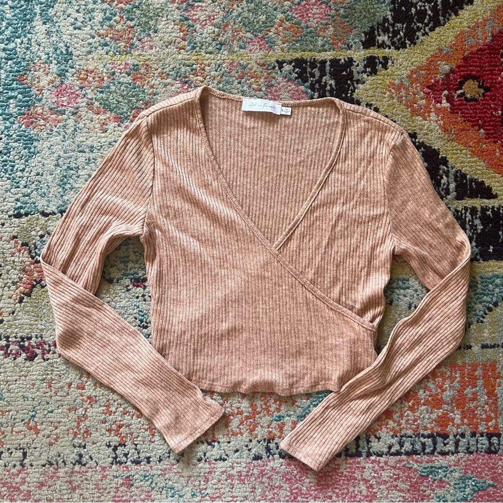 All in favor womens Ribbed cropped wrap long sleeve top size S